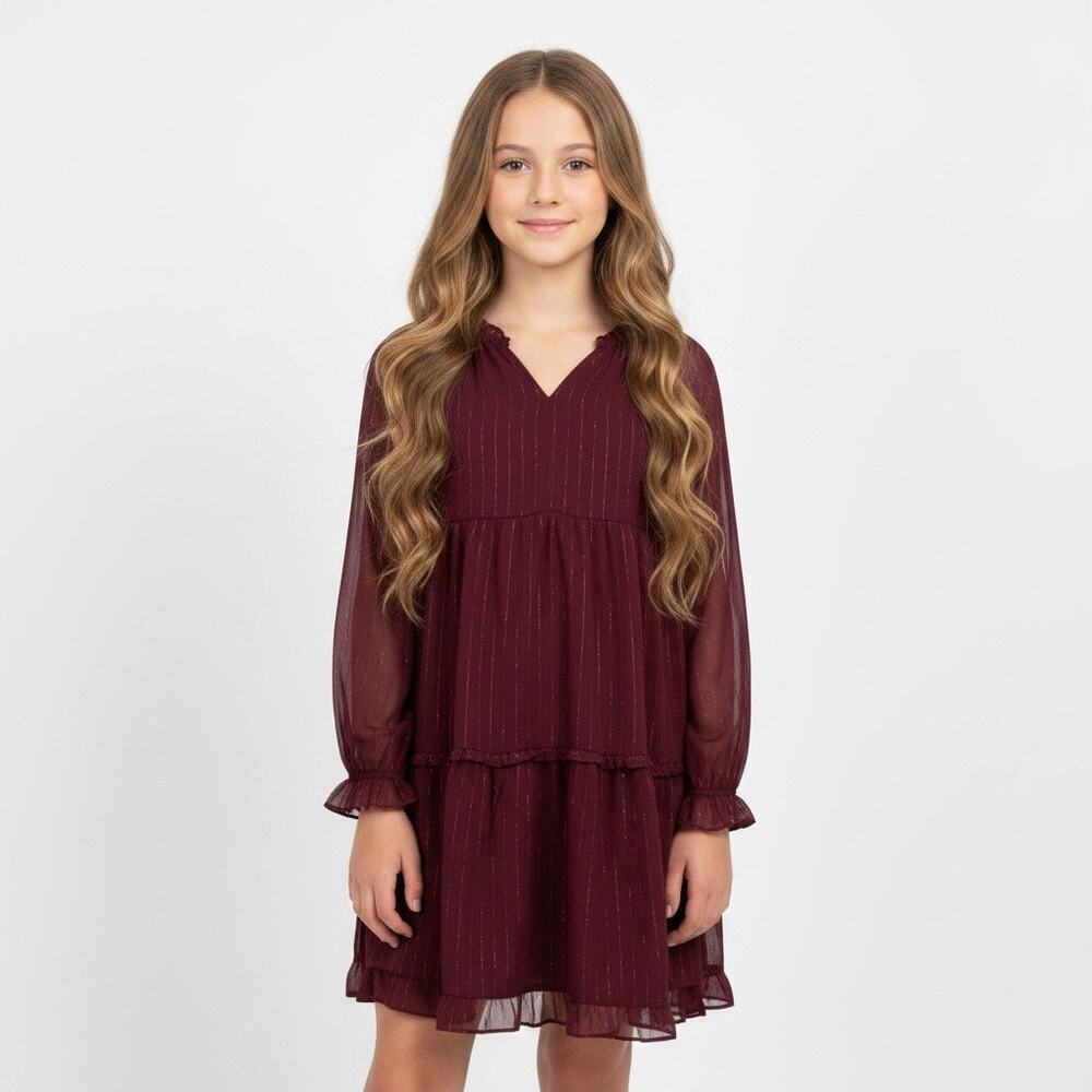 Old Navy Burgundy Long Sleeve Tiered Swing Dress Girls XL Boho Tiered Shimmer